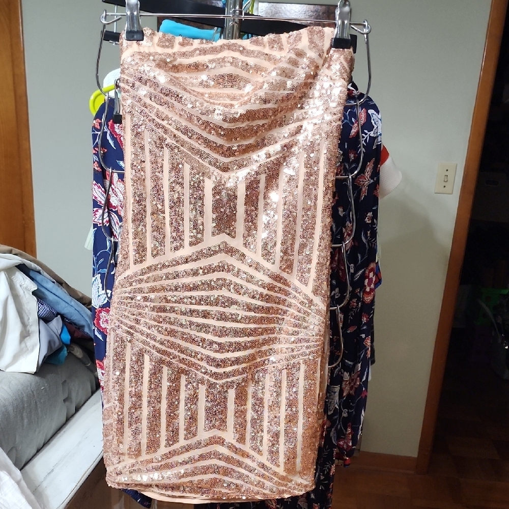 Fashion Nova Rose Gold Sequin Strapless Dress Cocktail